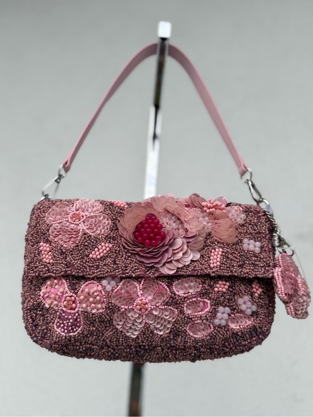 Pink Floral Beaded Shoulder Bag